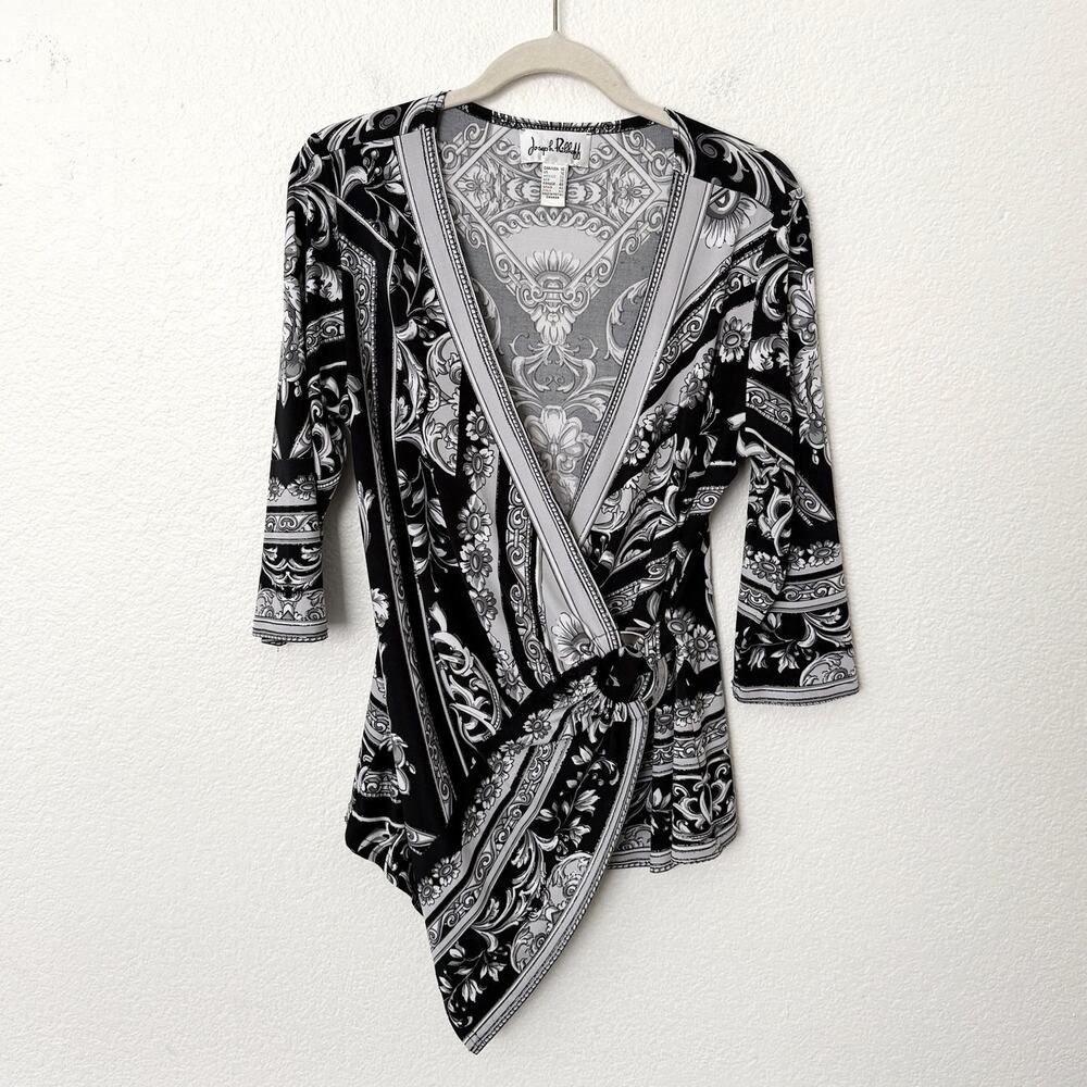 [Joseph Ribkoff] Black Gray Geometric Scarf Print Wrap Top 3/4 Sleeves Size 10
